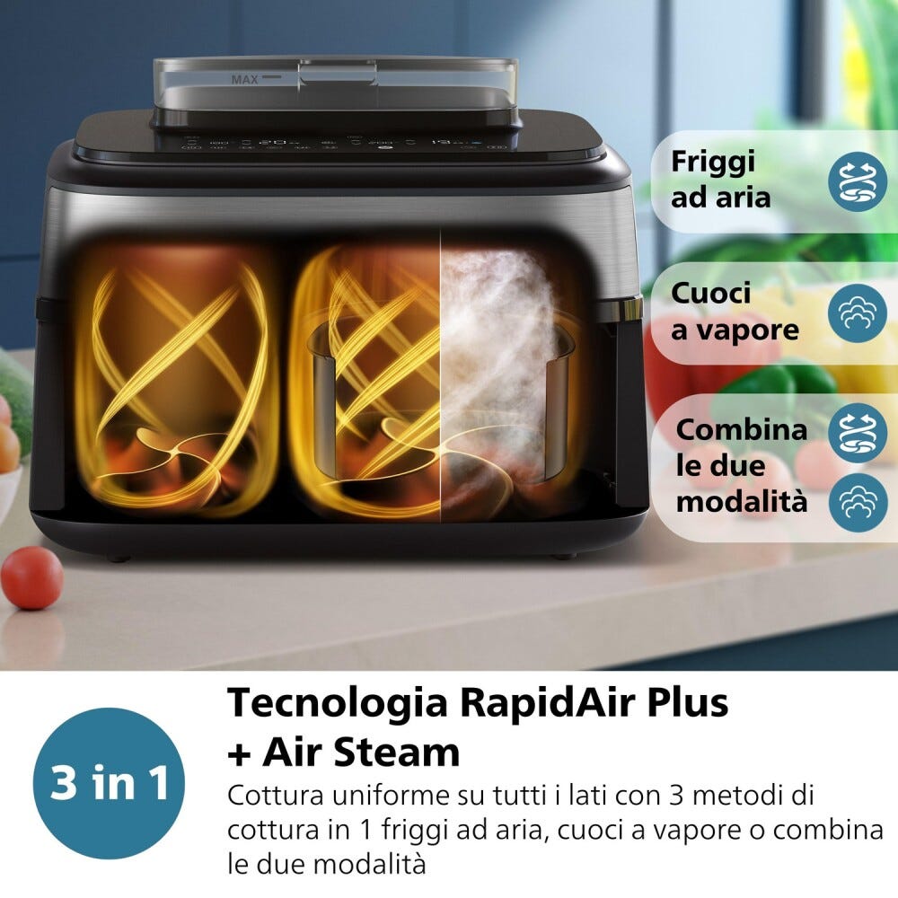 Philips NA555/00 Friggitrice ad aria calda con doppio cestello e cottura a vapore, capacità 9L.