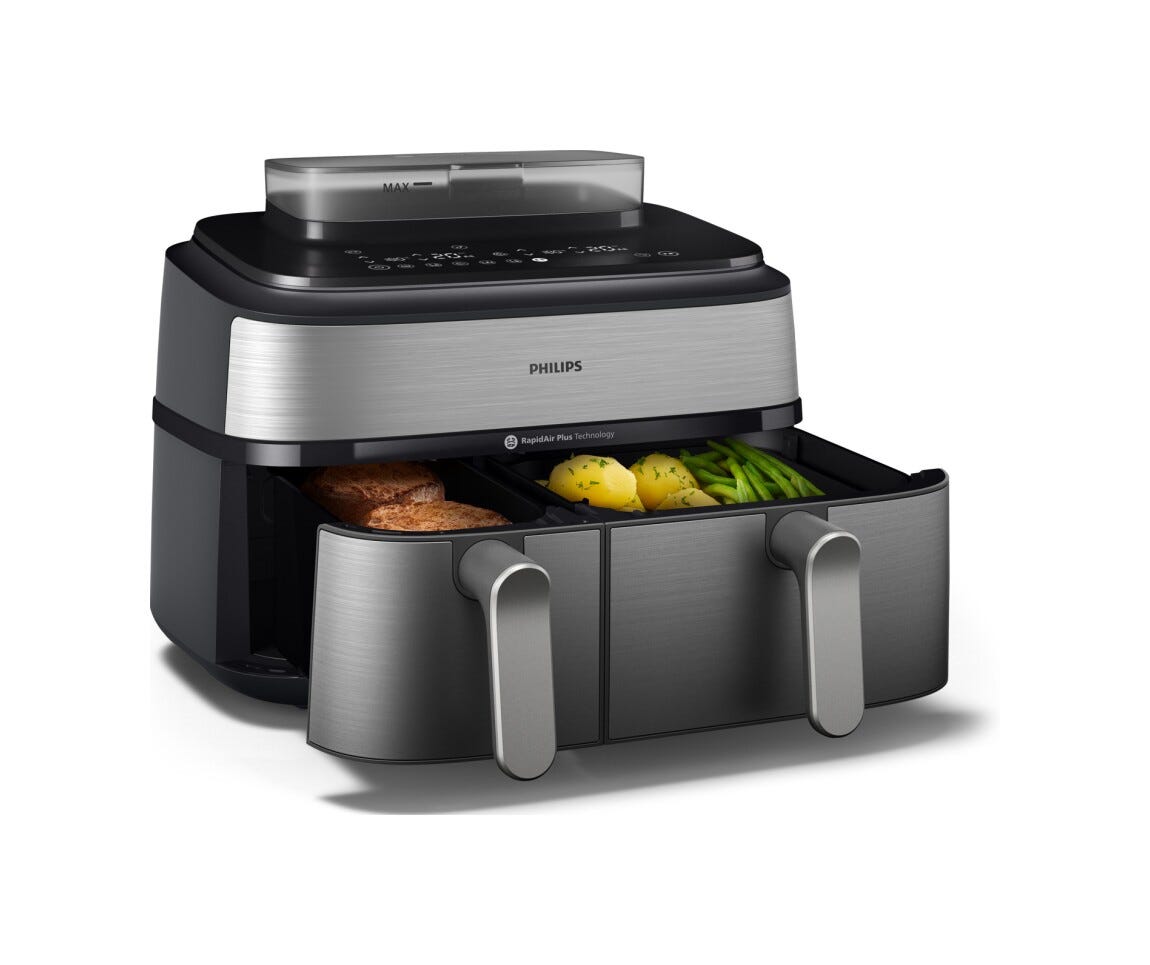 Philips NA555/00 Friggitrice ad aria calda con doppio cestello e cottura a vapore, capacità 9L.