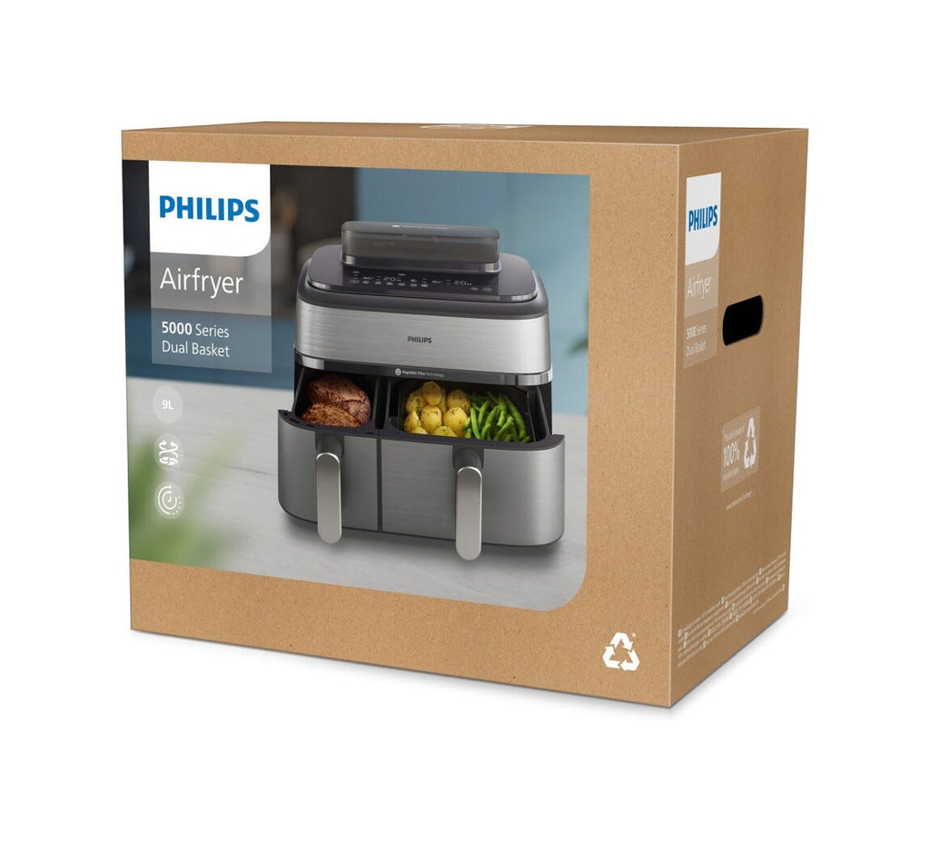Philips NA555/00 Friggitrice ad aria calda con doppio cestello e cottura a vapore, capacità 9L.