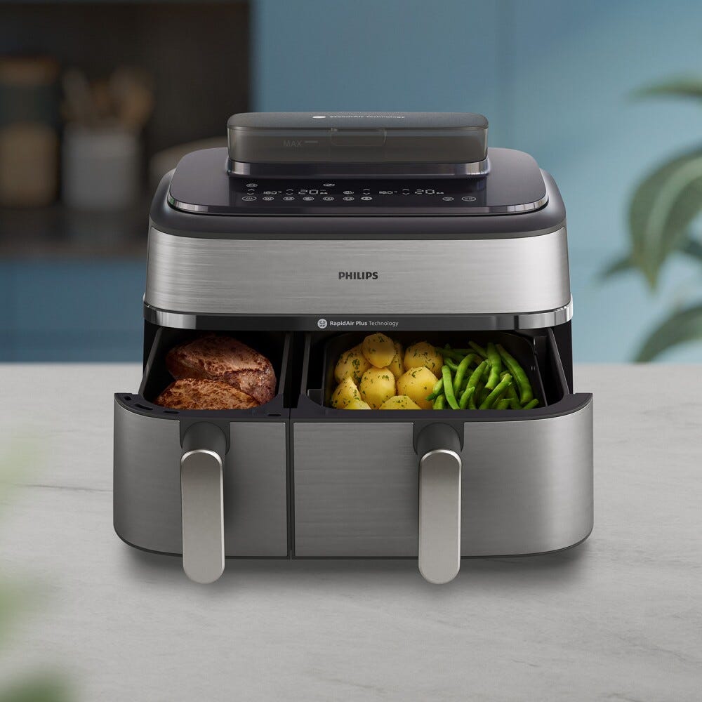 Philips NA555/00 Friggitrice ad aria calda con doppio cestello e cottura a vapore, capacità 9L.