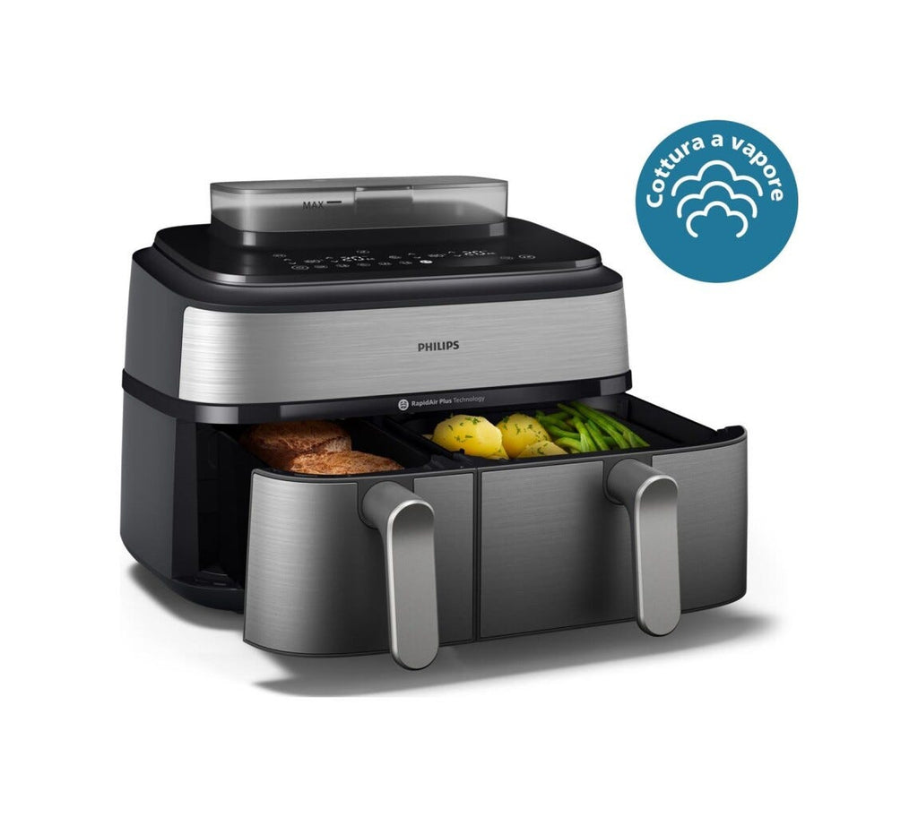 Philips NA555/00 Friggitrice ad aria calda con doppio cestello e cottura a vapore, capacità 9L.