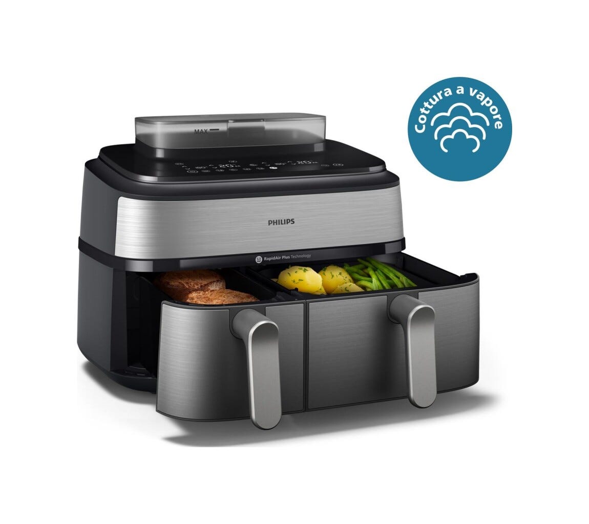 Philips NA555/00 Friggitrice ad aria calda con doppio cestello e cottura a vapore, capacità 9L.