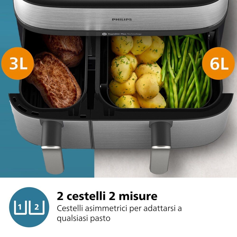 Philips NA555/00 Friggitrice ad aria calda con doppio cestello e cottura a vapore, capacità 9L.