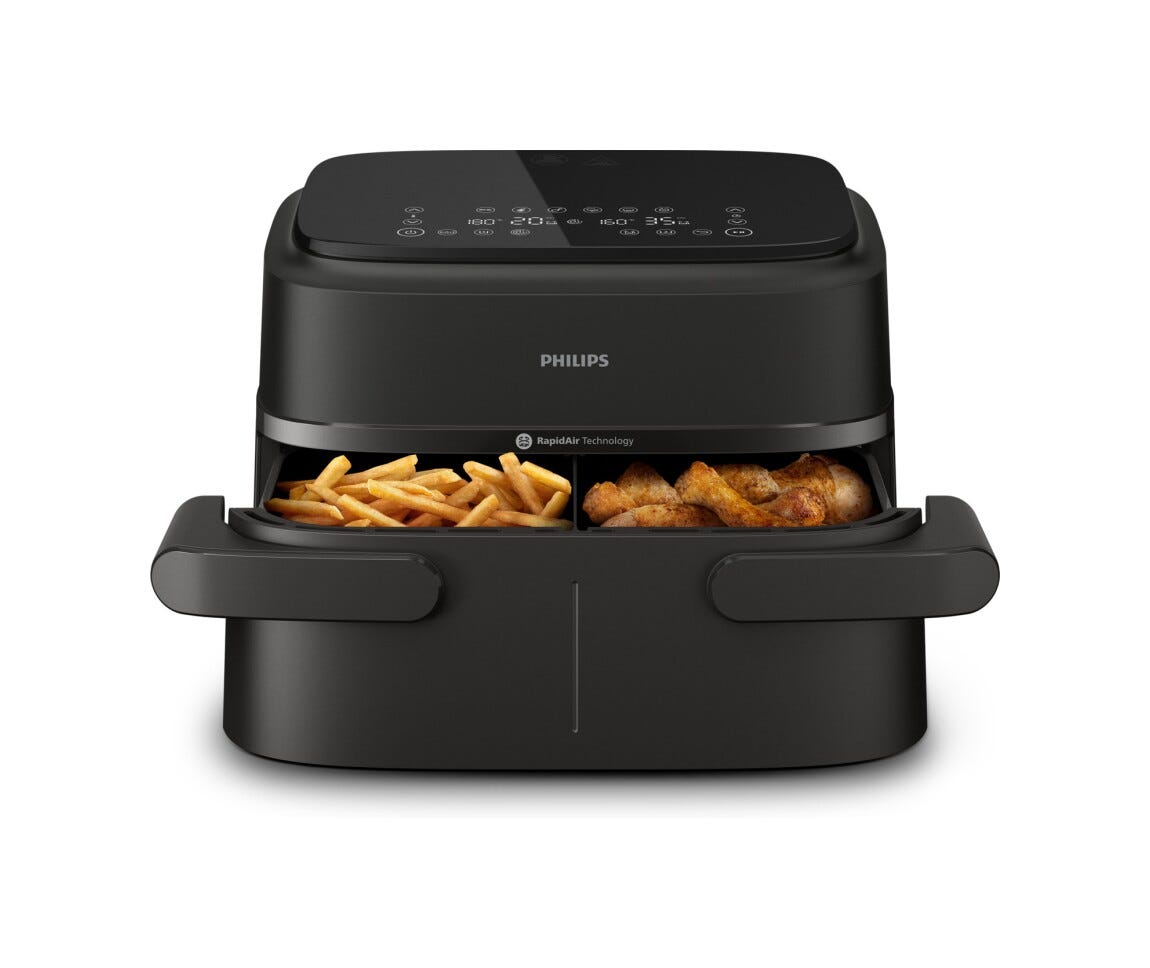 Philips NA150/00 Friggitrice ad aria con doppio cestello da 7.1L e 10 metodi di cottura.