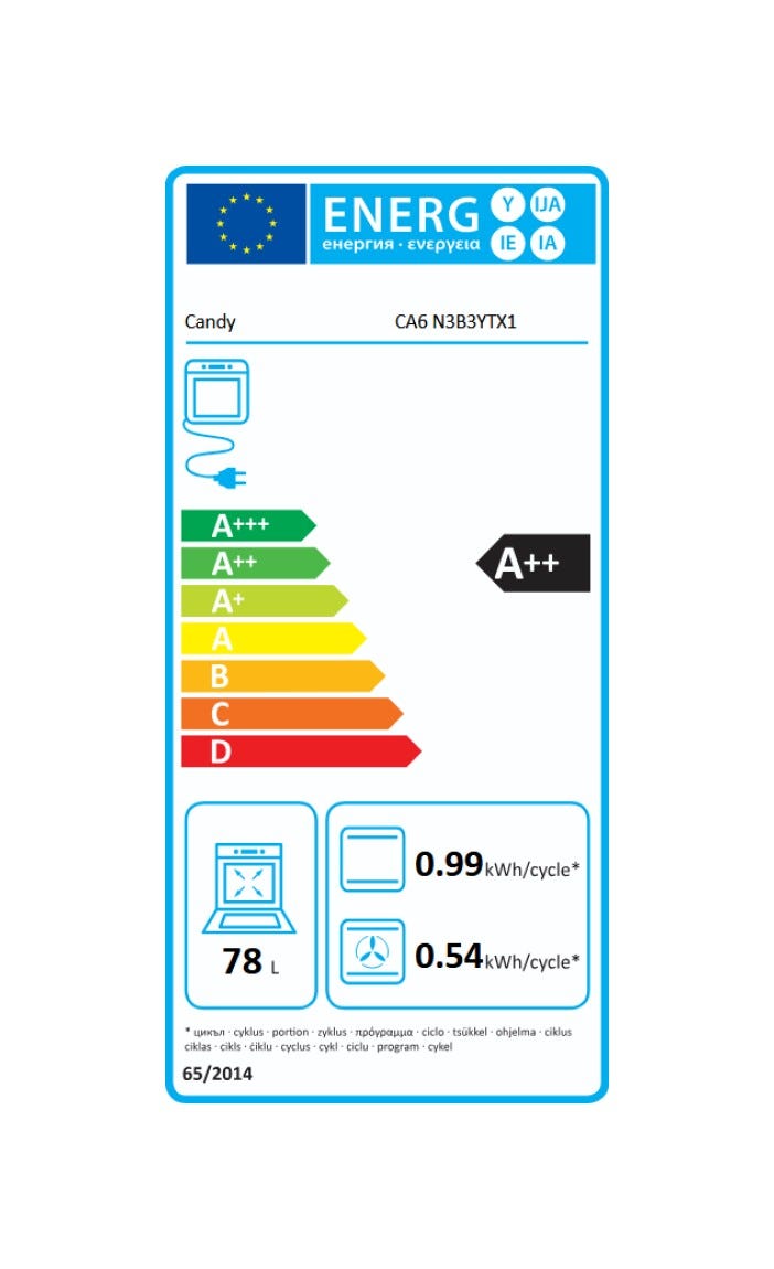 Candy CA6 N3B3YTX1 New Moderna Forno elettrico pirolitico 78 L, Multifunzione, Wi‑Fi + Bluetooth, Classe A++, inox