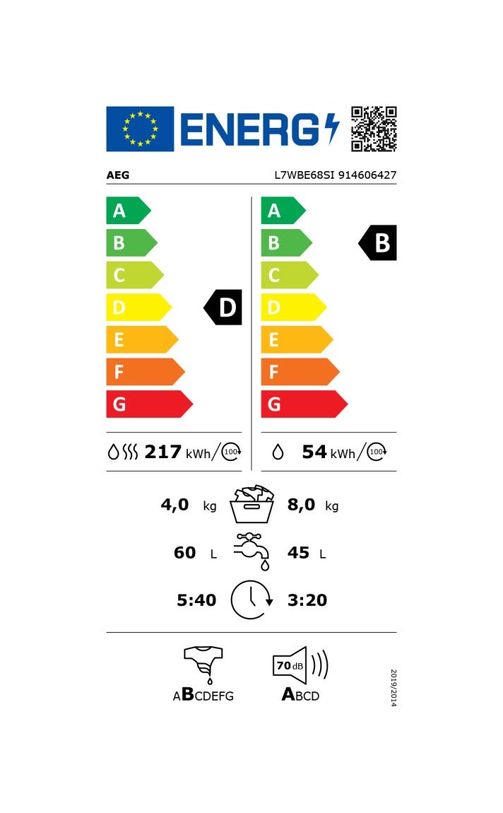 AEG L7WBE68SI serie 7000 Prosteam Lavasciuga integrata totale, cm. 60, lavaggio 8 kg, asciugatura 4 kg, tecnologia ProSense, classe energetica E