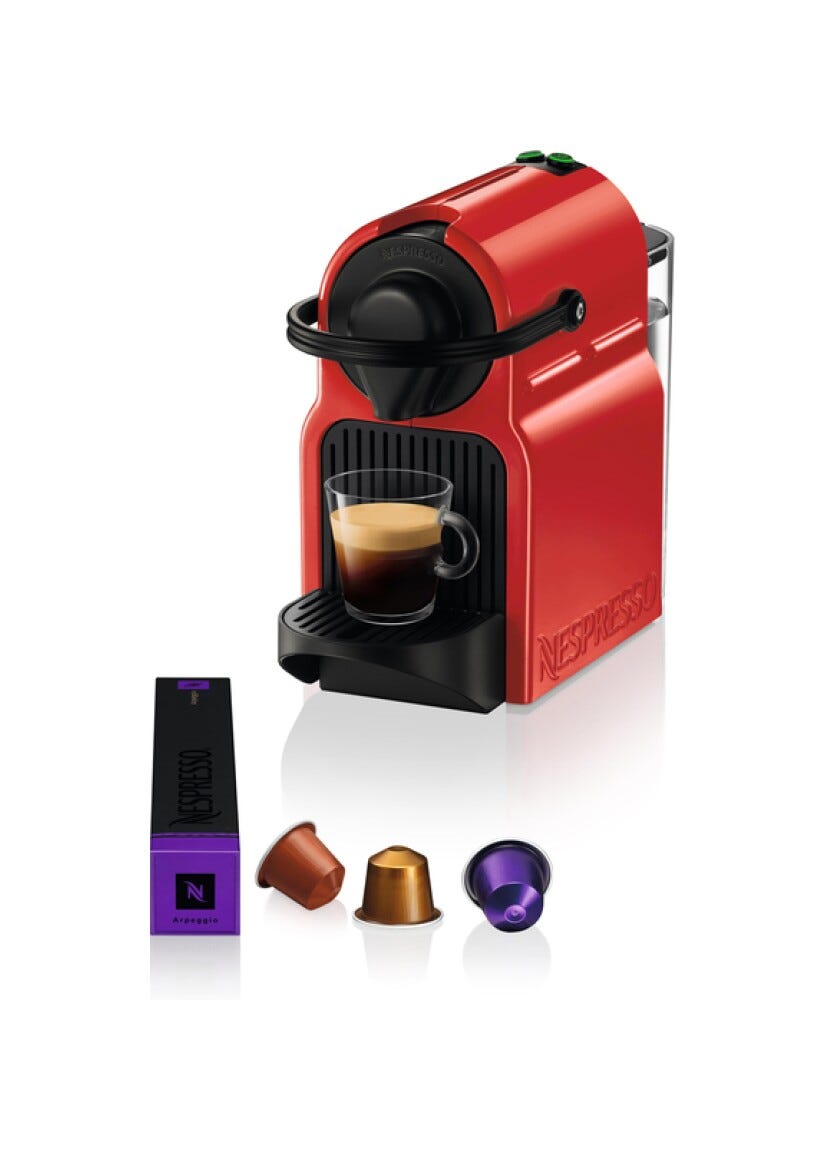 Nespresso XN1005K Inissia Macchina del caffè automatica, compatta, 2 tazze programmabili, riscaldamento rapido, rosso