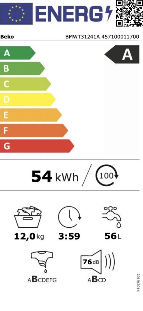 Beko BMWT31241A Lavatrice cm. 60, Capacità 12 kg, 1400 giri, Classe A, bianco
