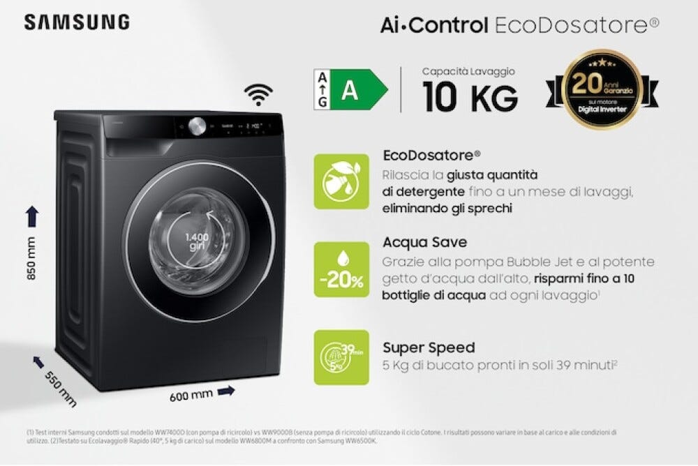 Samsung WW10FG6U94LBU3 Lavatrice Samsung 10 kg, AI Wash, Ecodosatore, Super Speed 39', nero