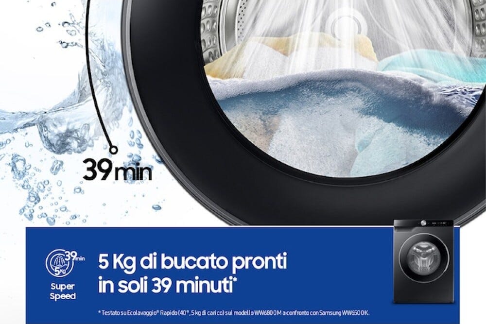 Samsung WW10FG6U94LBU3 Lavatrice Samsung 10 kg, AI Wash, Ecodosatore, Super Speed 39', nero