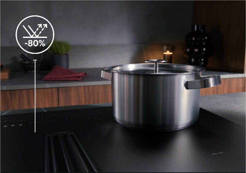 AEG TH84CB0BSZ serie 6000 piano cottura a induzione con cappa integrata, cm. 83, 4 zone, estrazione 650 m³/h, bridge, vetroceramica nero opaco, saphir matt