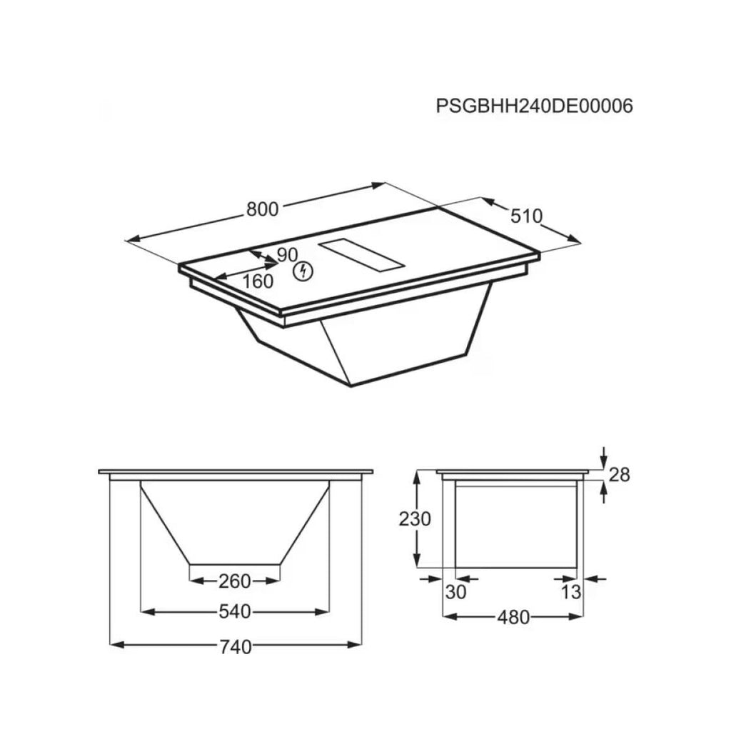 AEG TH84CB0BSZ serie 6000 piano cottura a induzione con cappa integrata, cm. 83, 4 zone, estrazione 650 m³/h, bridge, vetroceramica nero opaco, saphir matt