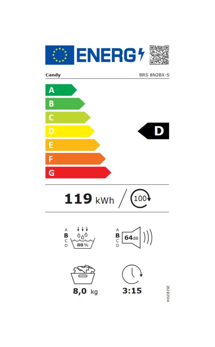 Candy BRS8N2BX-S ProDry 500 Asciugatrice 8 kg, pompa di calore, connettività Wi‑Fi/Bluetooth, Classe D, bianco
