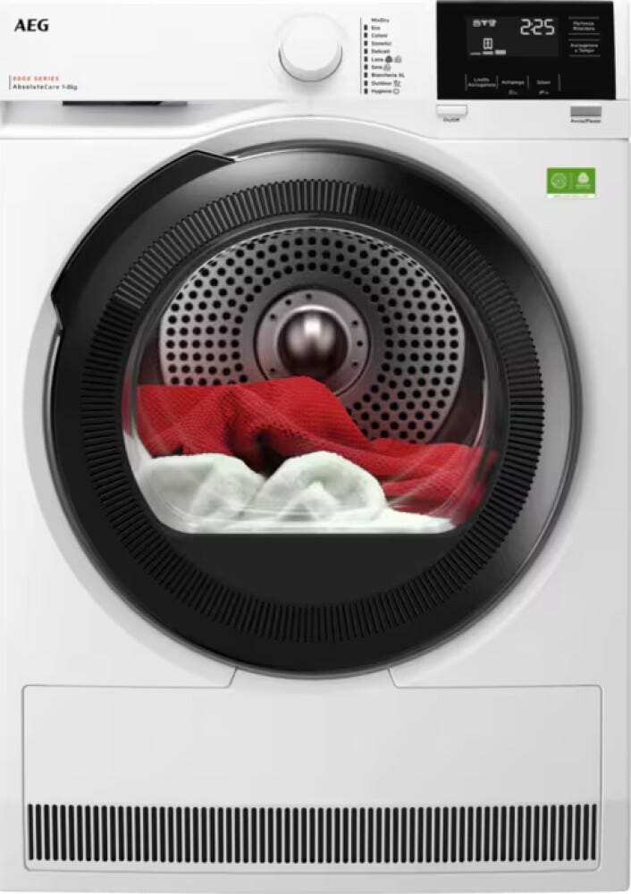 AEG TR8HGBG8B serie 8000 Absolutecare asciugatrice a pompa di calore, cm. 60, capacità 8 kg, display LCD con touch control, bianco
