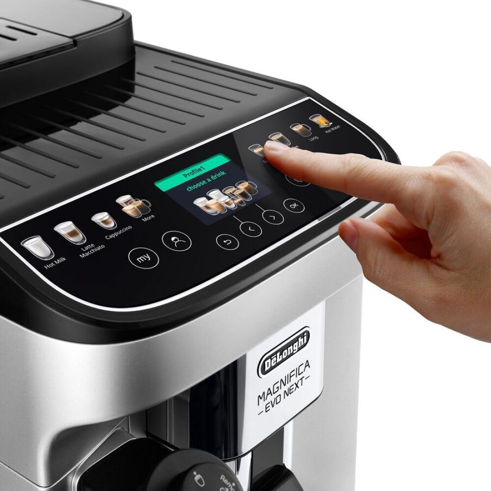 De Longhi ECAM310.80.SB Magnifica Evo Next Macchina da caffè automatica, Espresso e bevande latte con LatteCrema, argento/nero
