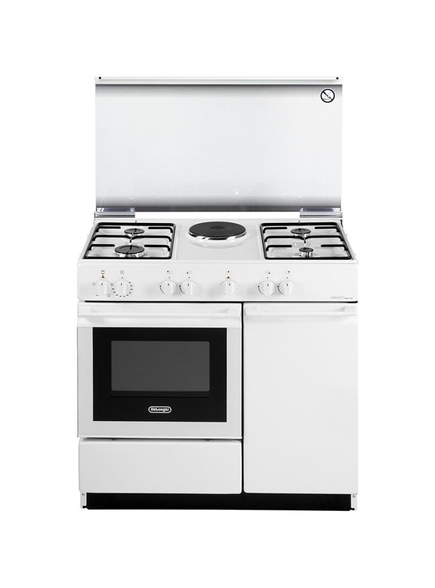 De Longhi SEW 8541 N ED Cucina da accosto cm. 86, 4 fuochi gas + 1 piastra elettrica, forno elettrico statico, bianco
