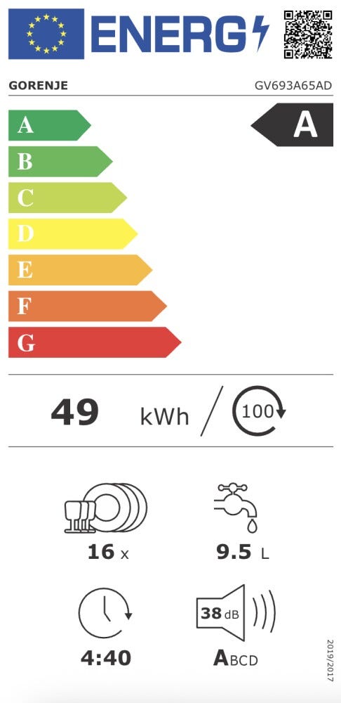 Gorenje GV693A65AD G600 Lavastoviglie da incasso cm. 60, 16 coperti, 8 programmi, TotalDry, SuperSilent