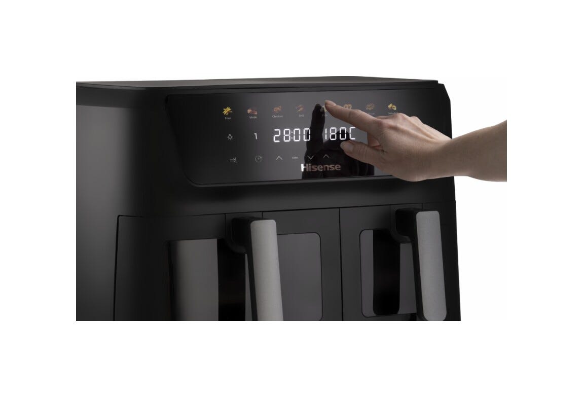 Hisense HAF2700DCD Friggitrice ad aria, capacità 11 Litri, doppio cestello indipendente, 8 programmi, SyncServe, display touch, nero
