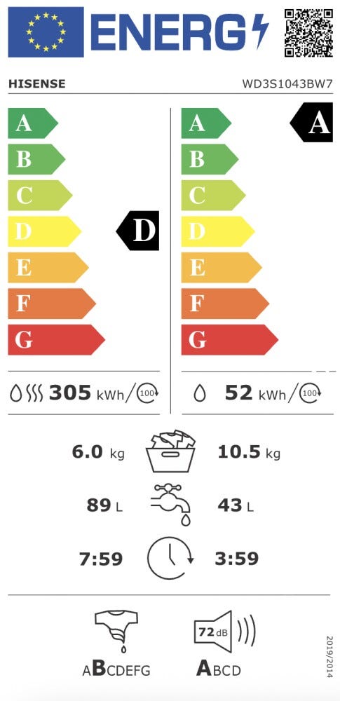 Hisense WD3S1043BW7 Lavasciuga cm. 60, 10.5 kg lavaggio, 6 kg asciugatura, motore inverter, 19 programmi, bianco