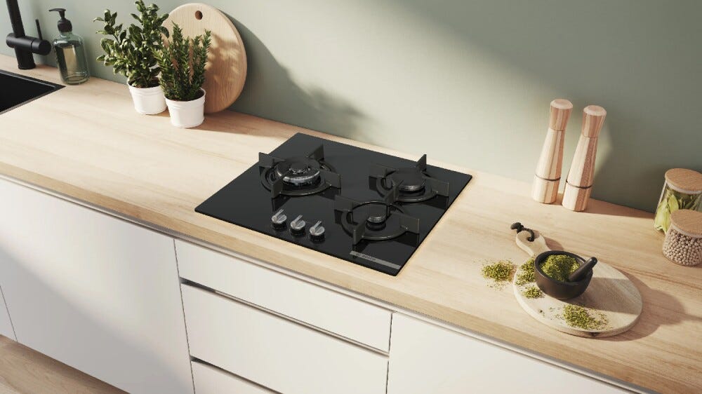 Bosch PPC6A6I10 serie 6 Piano cottura a gas cm. 59, 3 fuochi, vetro temperato, nero