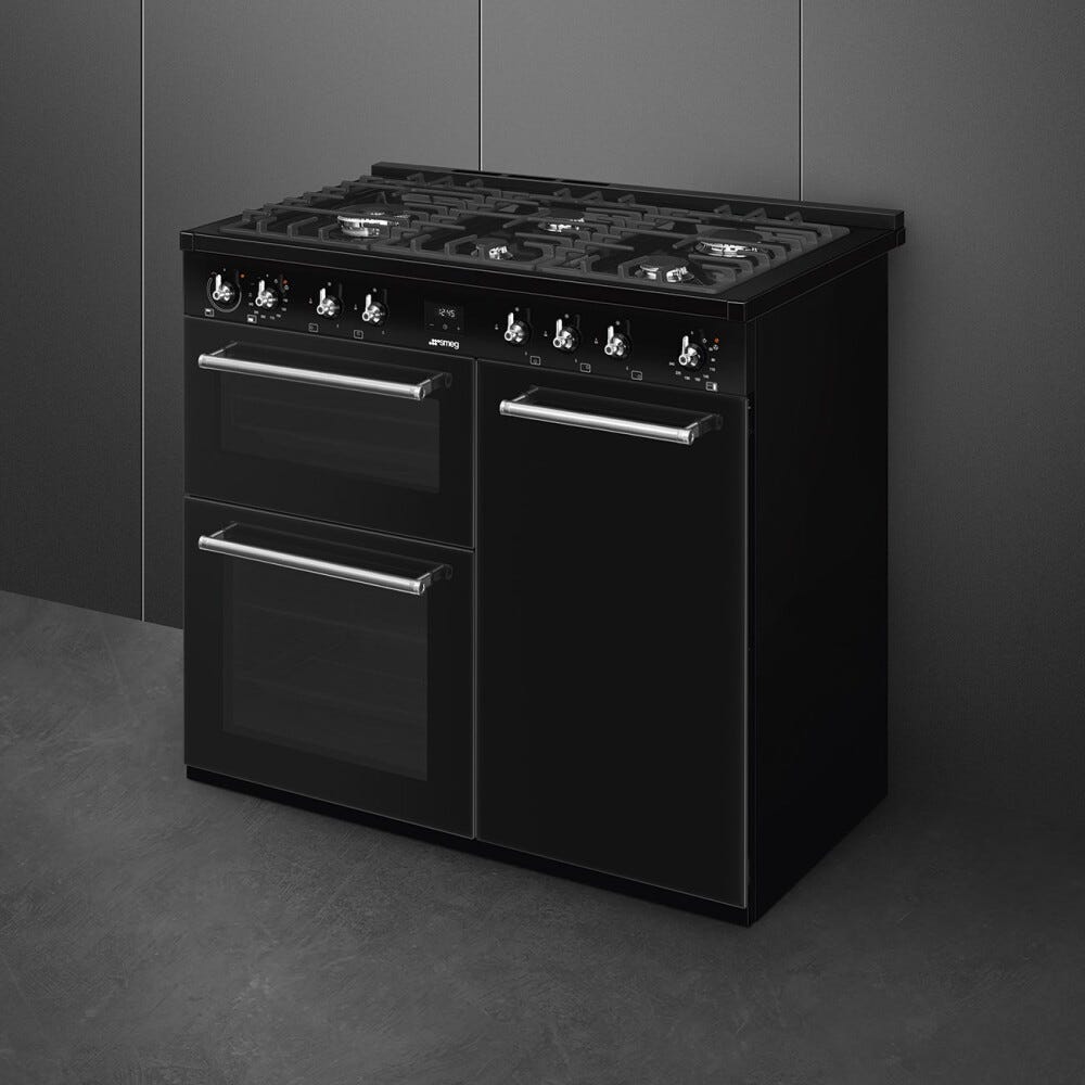 Smeg CX103GMBL classica Cucina da accosto cm. 100x60, 3 forni, forno termoventilato, 5 fuochi a gas, griglie in ghisa, nero lucido