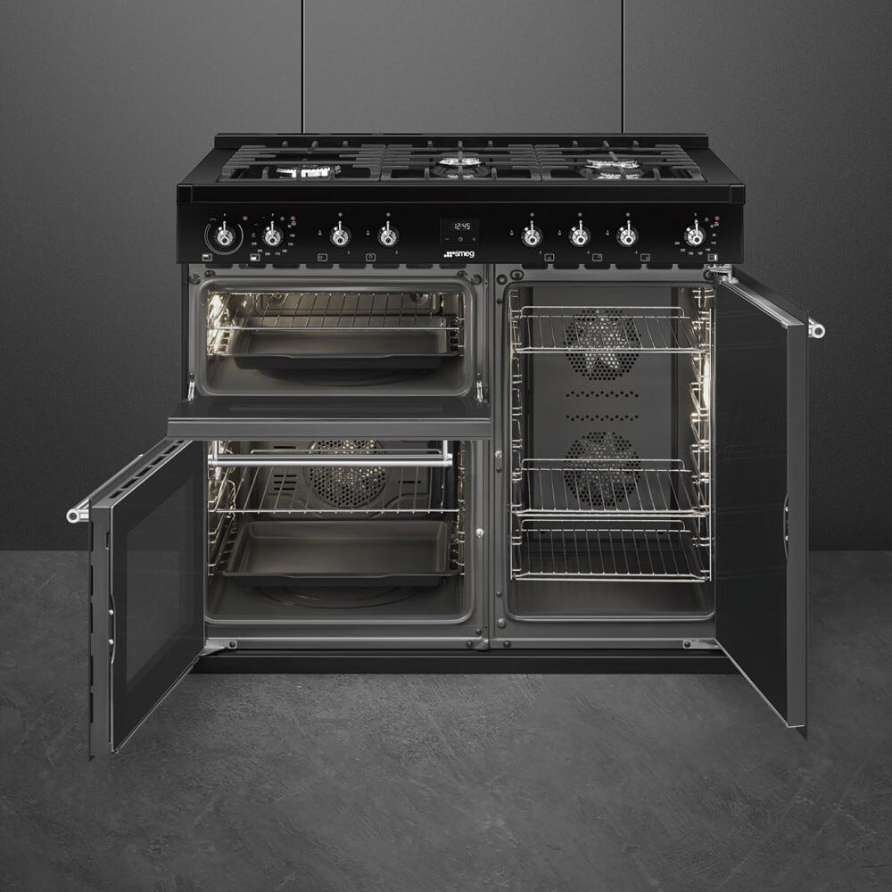 Smeg CX103GMBL classica Cucina da accosto cm. 100x60, 3 forni, forno termoventilato, 5 fuochi a gas, griglie in ghisa, nero lucido
