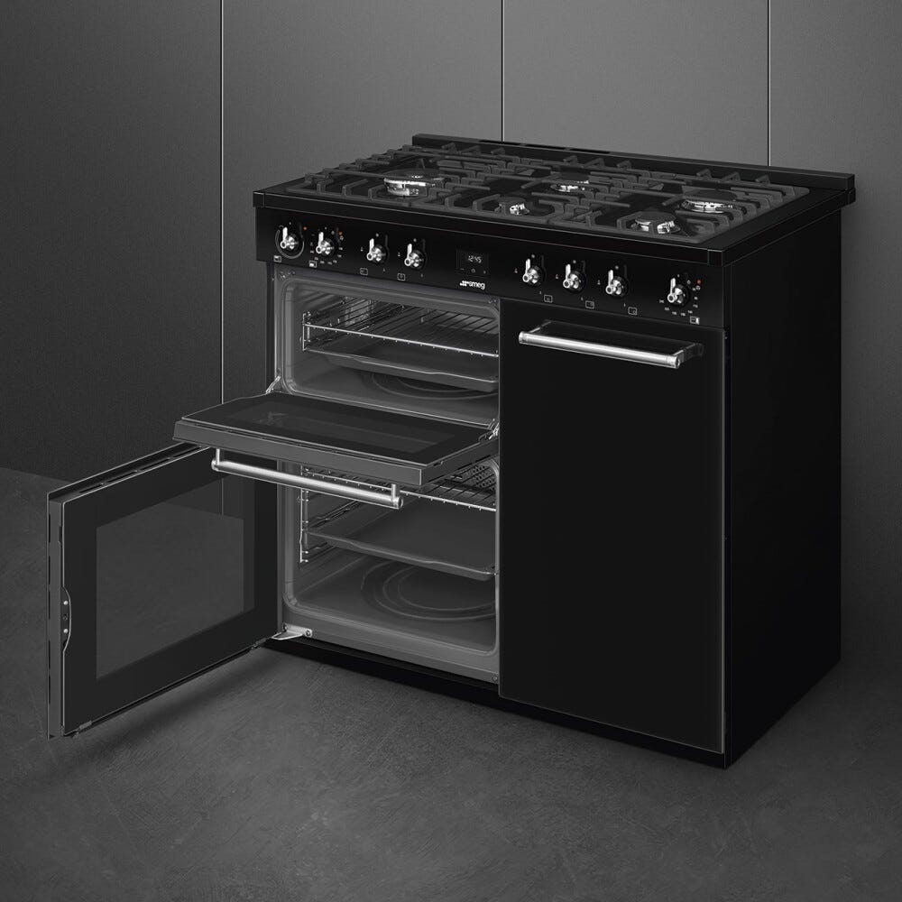 Smeg CX103GMBL classica Cucina da accosto cm. 100x60, 3 forni, forno termoventilato, 5 fuochi a gas, griglie in ghisa, nero lucido