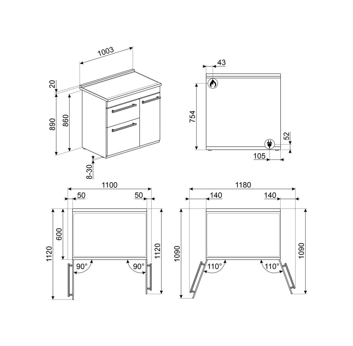 Smeg CX103GMBL classica Cucina da accosto cm. 100x60, 3 forni, forno termoventilato, 5 fuochi a gas, griglie in ghisa, nero lucido