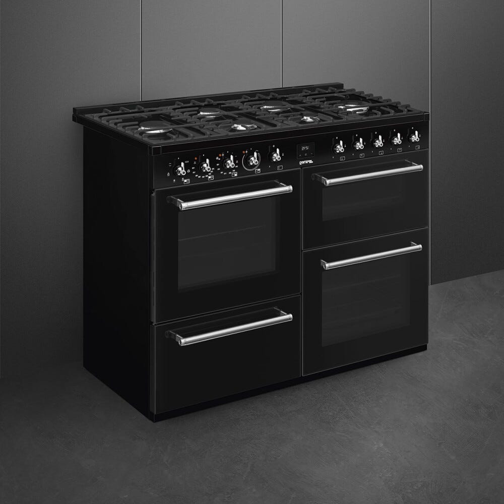 Smeg CX113GMBL classica Cucina da accosto cm. 110x60, 3 forni, forno termoventilato, 6 fuochi a gas, griglie in ghisa, nero lucido