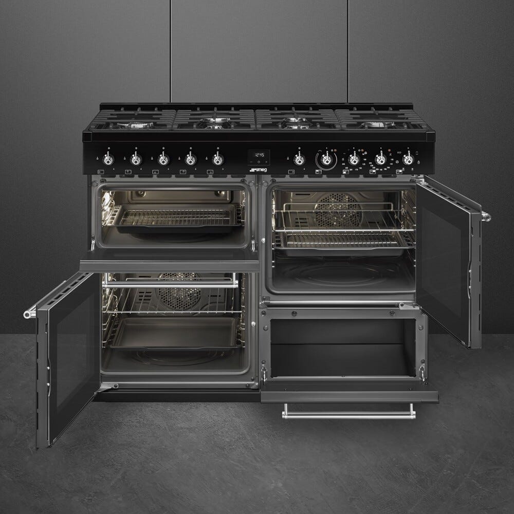 Smeg CX113GMBL classica Cucina da accosto cm. 110x60, 3 forni, forno termoventilato, 6 fuochi a gas, griglie in ghisa, nero lucido