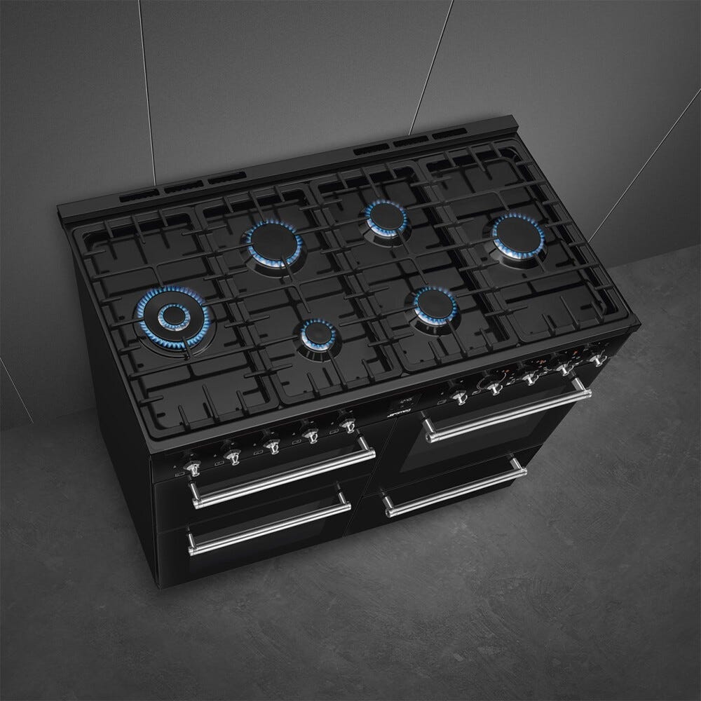 Smeg CX113GMBL classica Cucina da accosto cm. 110x60, 3 forni, forno termoventilato, 6 fuochi a gas, griglie in ghisa, nero lucido