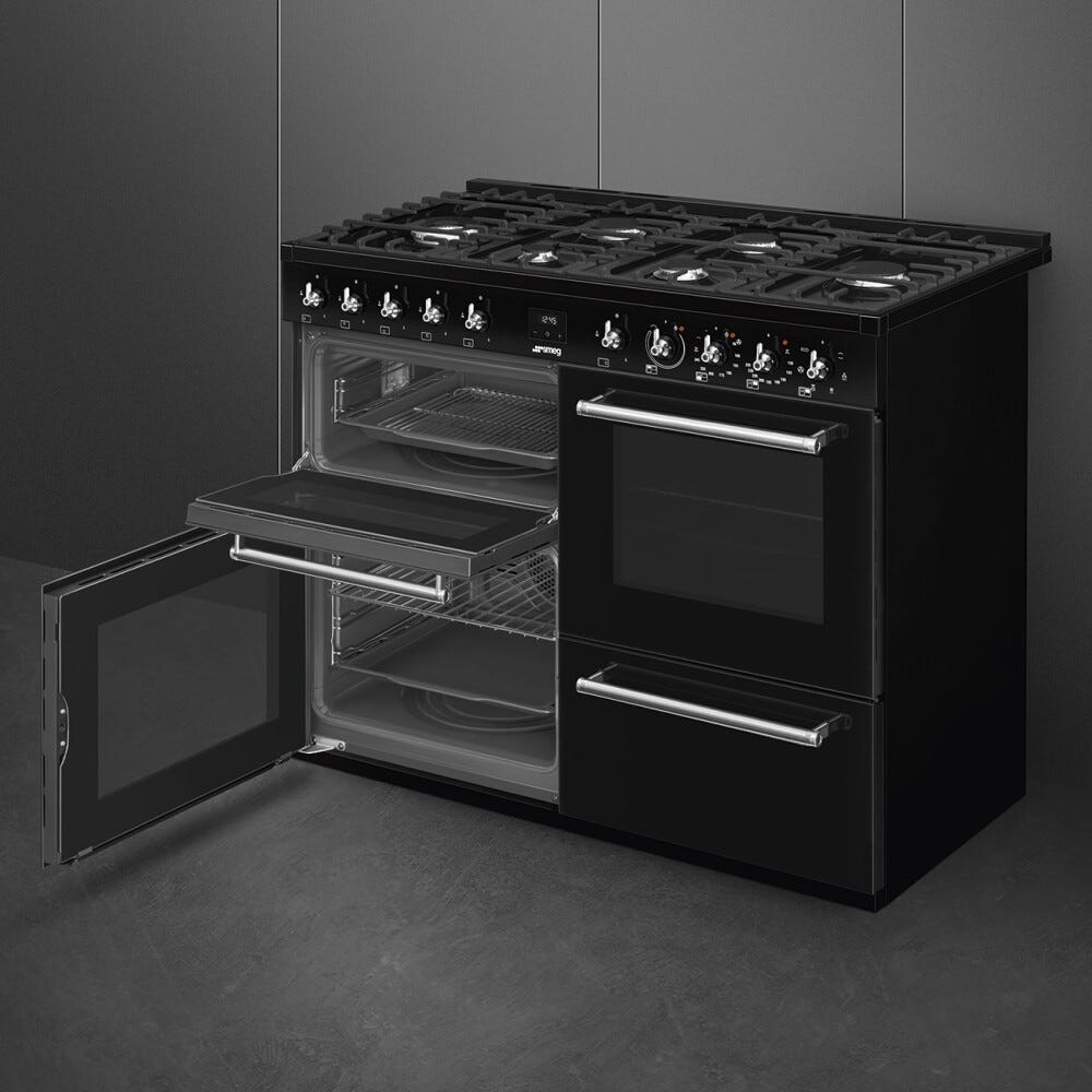 Smeg CX113GMBL classica Cucina da accosto cm. 110x60, 3 forni, forno termoventilato, 6 fuochi a gas, griglie in ghisa, nero lucido