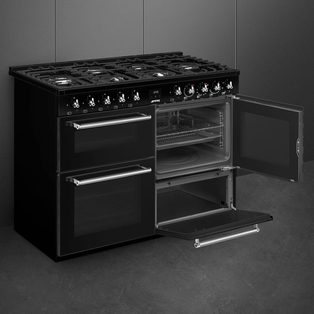 Smeg CX113GMBL classica Cucina da accosto cm. 110x60, 3 forni, forno termoventilato, 6 fuochi a gas, griglie in ghisa, nero lucido