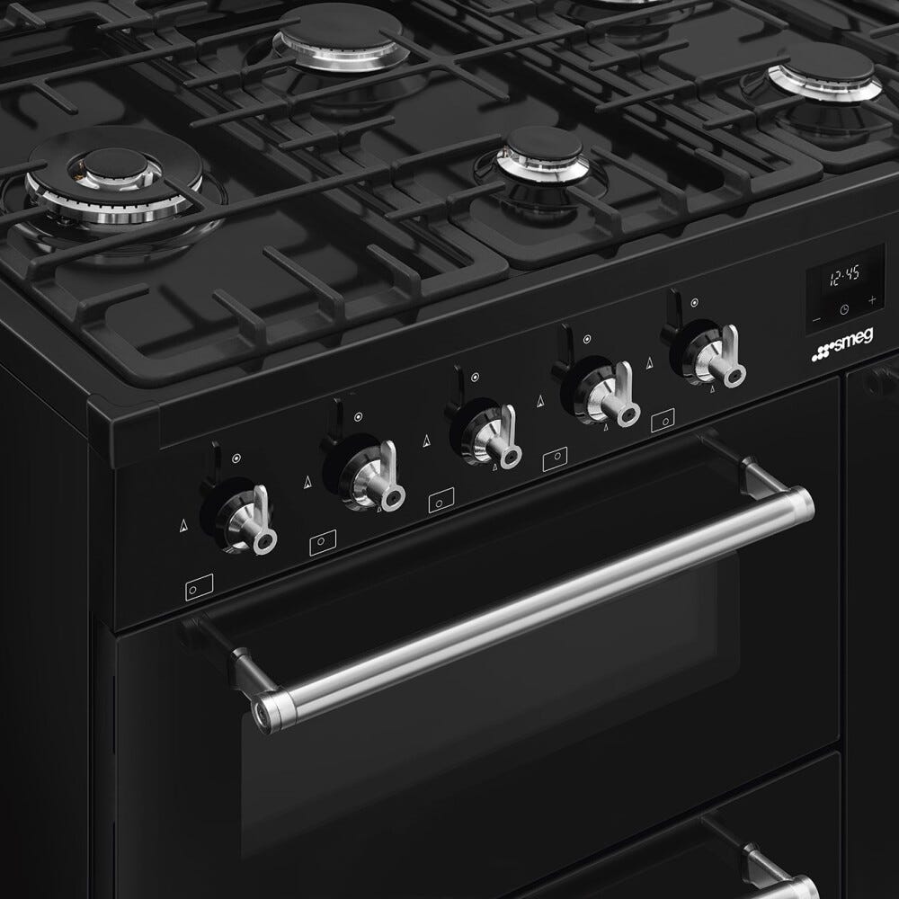 Smeg CX113GMBL classica Cucina da accosto cm. 110x60, 3 forni, forno termoventilato, 6 fuochi a gas, griglie in ghisa, nero lucido