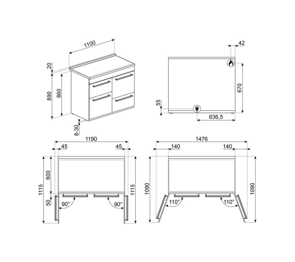 Smeg CX113GMBL classica Cucina da accosto cm. 110x60, 3 forni, forno termoventilato, 6 fuochi a gas, griglie in ghisa, nero lucido