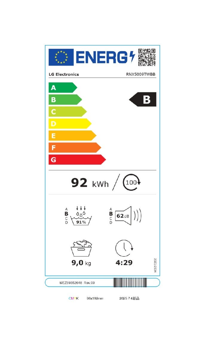 LG RNX5009TWBB Serie X5 Asciugatrice 9 kg, pompa di calore, wi-fi, classe B, bianco