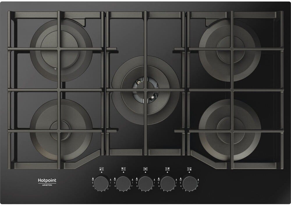 Hotpoint Ariston HAGS 72F/BK 1 Piano cottura cm. 73, 5 fuochi gas, griglie in ghisa, vetro nero
