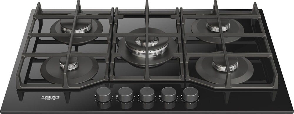 Hotpoint Ariston HAGS 72F/BK 1 Piano cottura cm. 73, 5 fuochi gas, griglie in ghisa, vetro nero