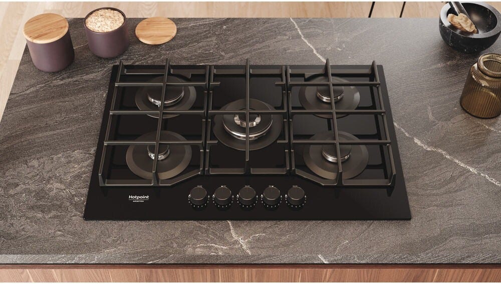 Hotpoint Ariston HAGS 72F/BK 1 Piano cottura cm. 73, 5 fuochi gas, griglie in ghisa, vetro nero