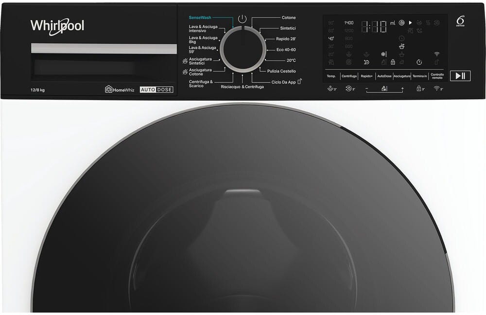 Whirlpool WPD 2836W ADS IT Lavasciuga cm. 60, capacità 12 kg, 6° Senso, Steam Refresh, 1400 giri, motore inverter, bianco