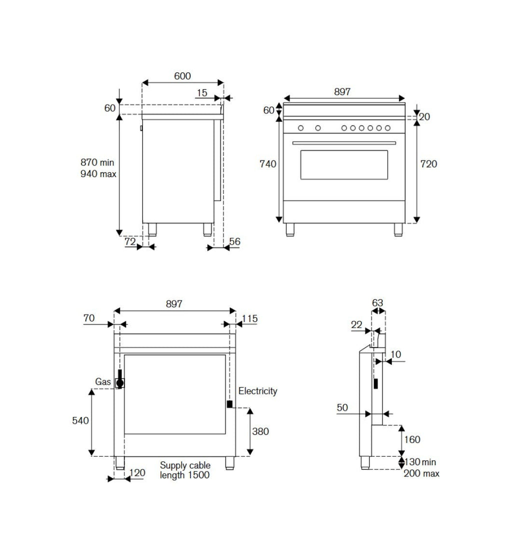 La Germania AMN965GTN/24 Americana Cucina da accosto 90 cm, 5 bruciatori a gas, forno a gas ventilato, classe A+, nero