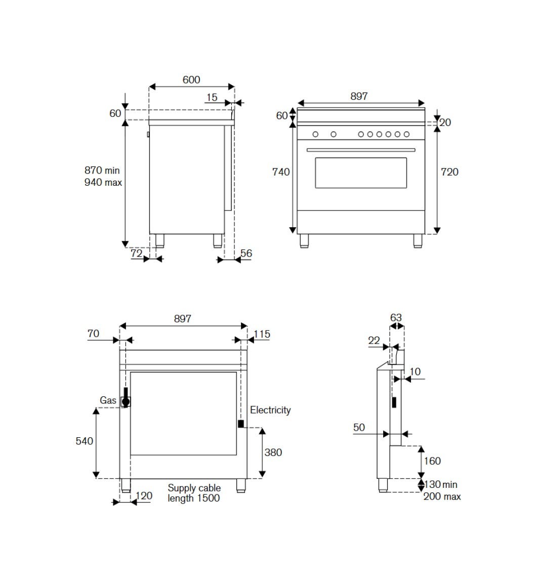 La Germania AMN965GTN/24 Americana Cucina da accosto 90 cm, 5 bruciatori a gas, forno a gas ventilato, classe A+, nero