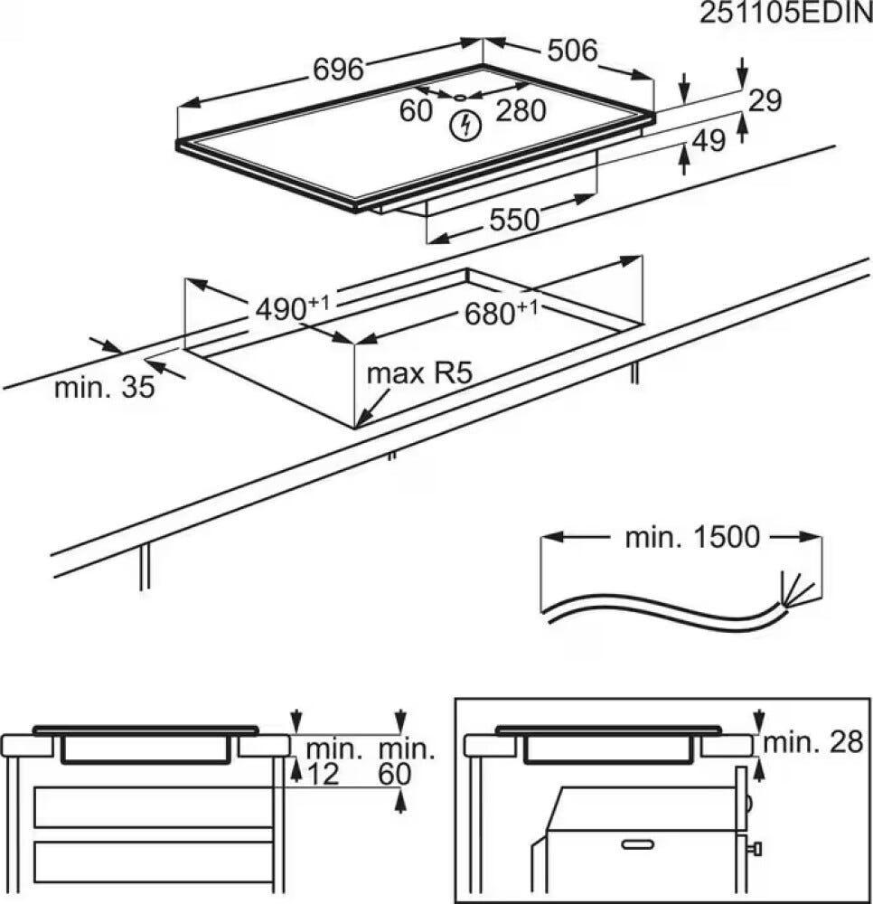 AEG TO74IB00UB serie 6000 Piano cottura a induzione, cm. 70, 4 zone cottura, Hob²Hood, Flex Bridge, cornice inox, vetro nero