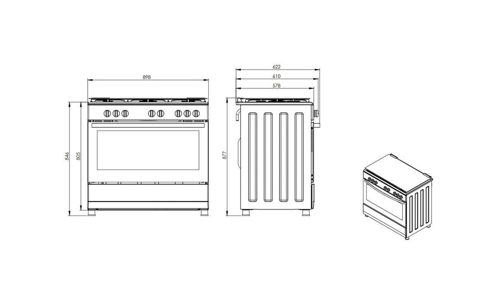 La Germania SE965GNE/24 Futura Cucina da accosto 90 cm, 5 fuochi a gas, forno gas ventilato, doppia corona 3,5 kW, nero