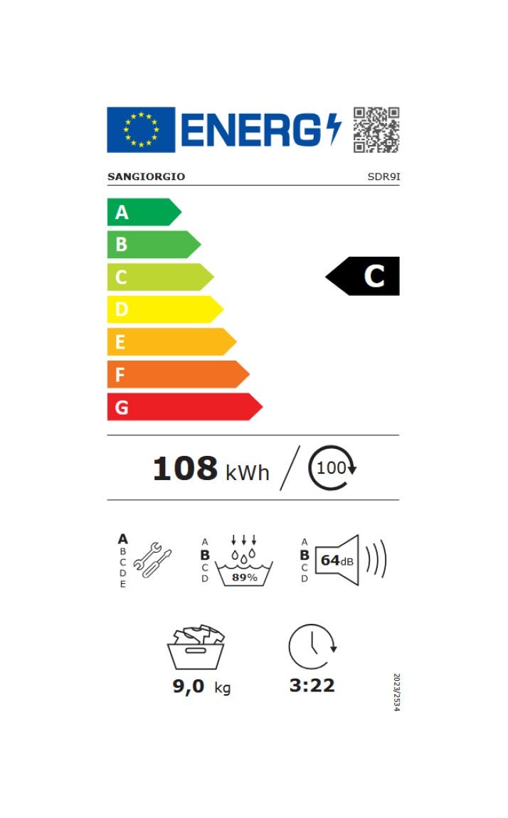 SanGiorgio SDR9-T Asciugatrice 9 kg, pompa di calore R290, classe energetica C, bianco
