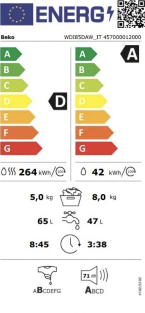 Beko WDI85DAW_IT bPRO 500 Lavasciuga da incasso cm. 60, capacità 8 kg, 1400 giri, ProSmart Inverter, SteamCure