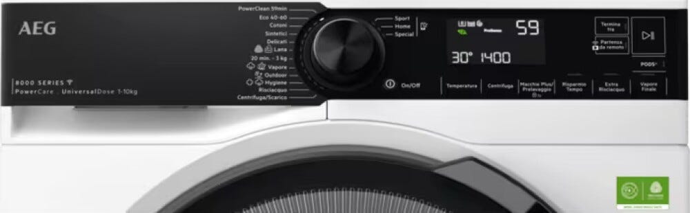 AEG LR8FH104VY serie 8000 PowerCare Lavatrice a carica frontale, cm. 60, 10 kg, centrifuga 1400 giri, con cassetto UniversalDose e WiFi, bianco, nero
