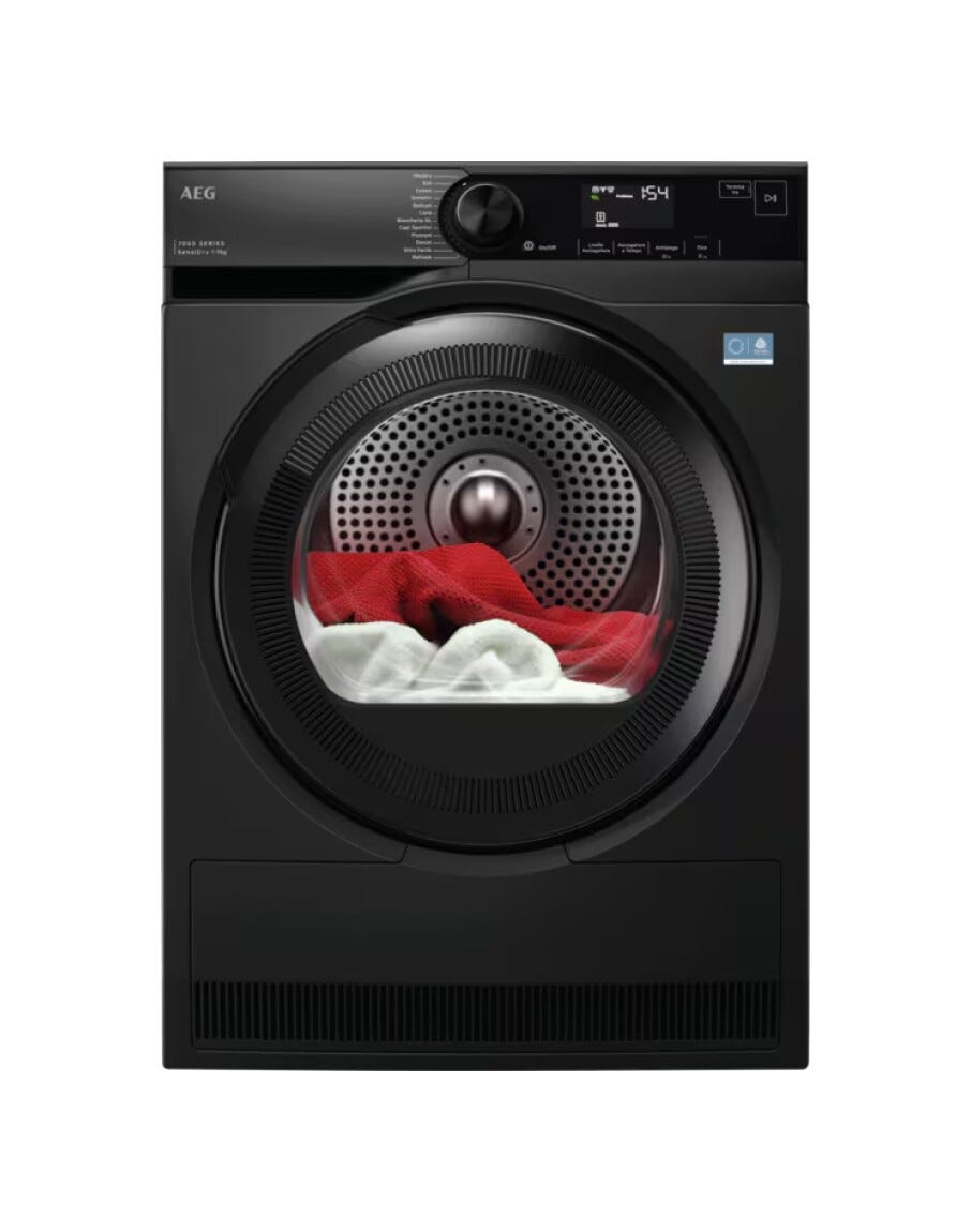 AEG TR7HD93B serie 7000 SensiDry Asciugatrice a pompa di calore, cm. 60, capacità 9 kg, Tecnologia SensiDry, nero