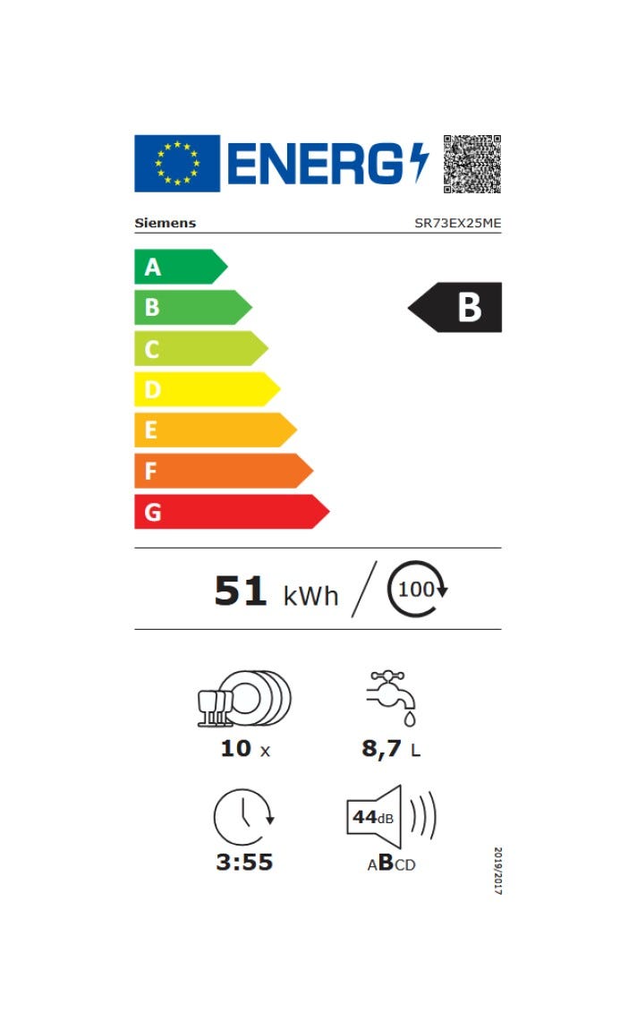 Siemens SR73EX25ME iQ300 Lavastoviglie da incasso Slim 45 cm, 10 coperti, Home Connect, classe energetica B, cerniere sliding