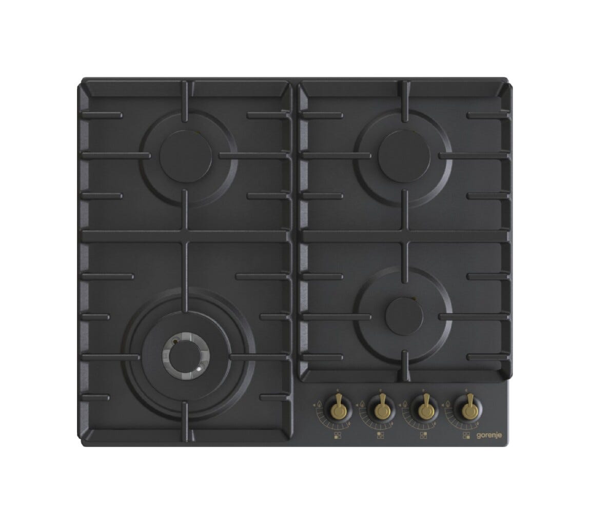 Gorenje GW642CLB Piano cottura a gas cm. 60, 4 fuochi, griglie in ghisa, accensione integrata, nero